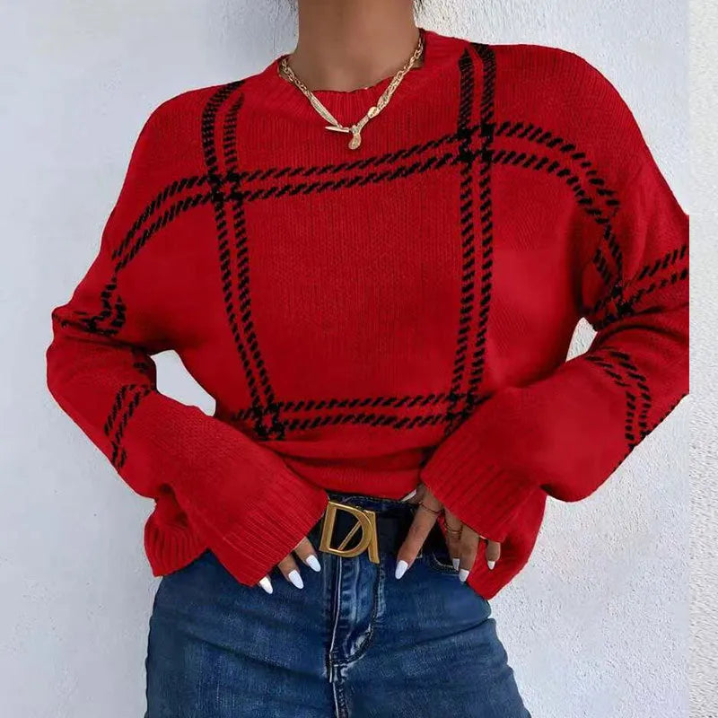Women's loose fit plaid colour-block acrylic pullover sweater in apricot black beige stripes design