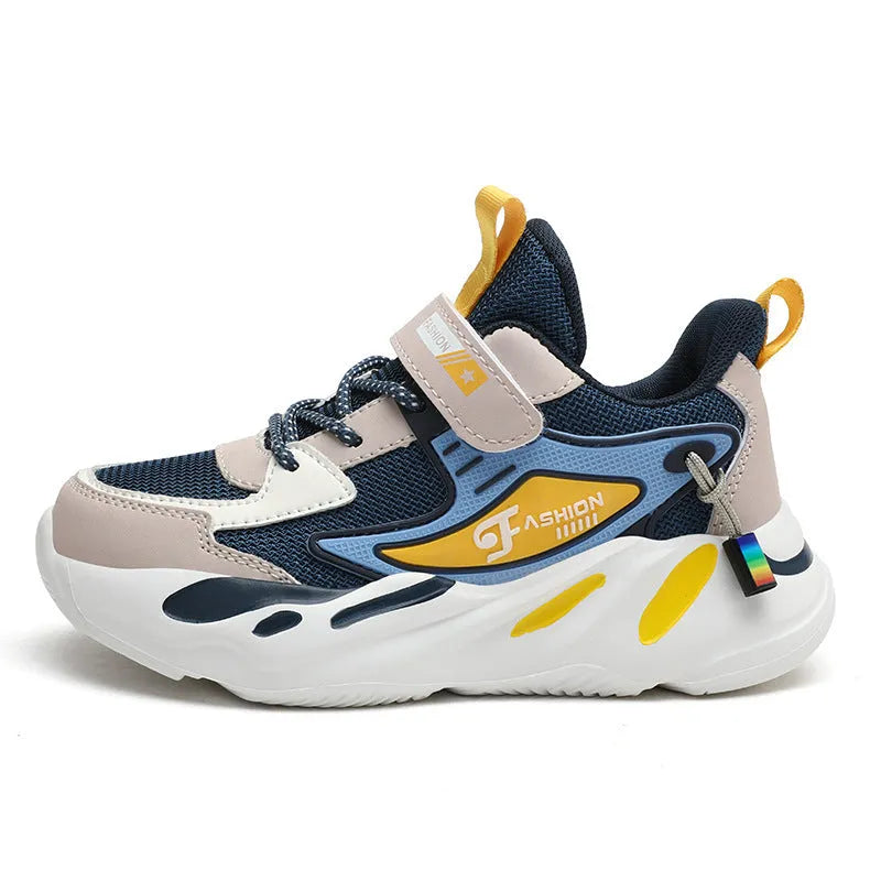Boys' dark blue and beige PU mesh sports running shoes with Velcro strap and platform sole.