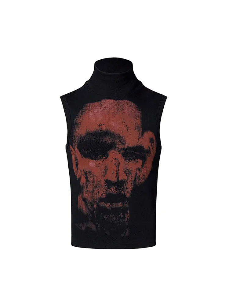 Half turtleneck slim-fit printed sleeveless T-shirt in black with character pattern