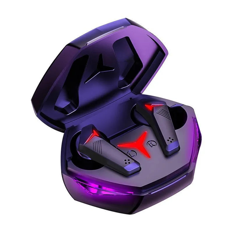 Black wireless Bluetooth headset earplug type with binaural stereo for gaming and calls