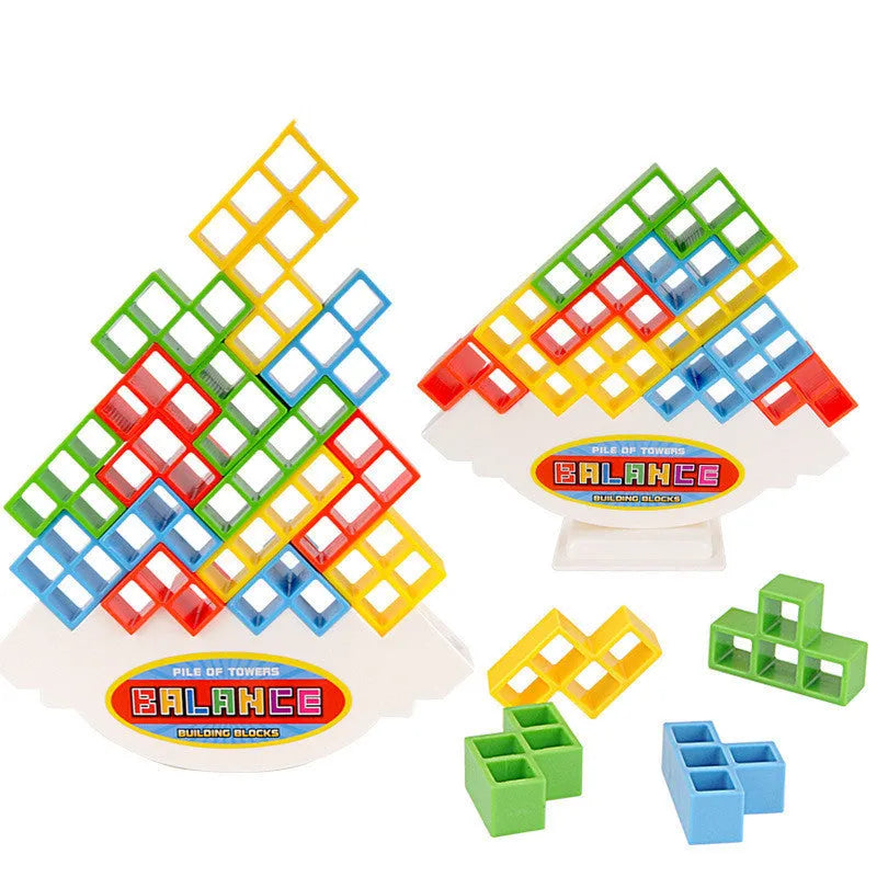 Plastic balance stacking game with 16 coloured blocks, chassis and base for family travel parties
