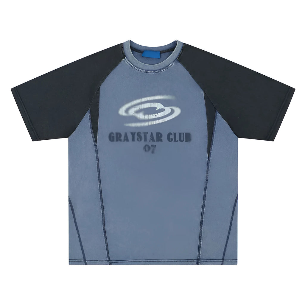Men's blue hip hop letter print t-shirt with raglan sleeves and loose casual fit