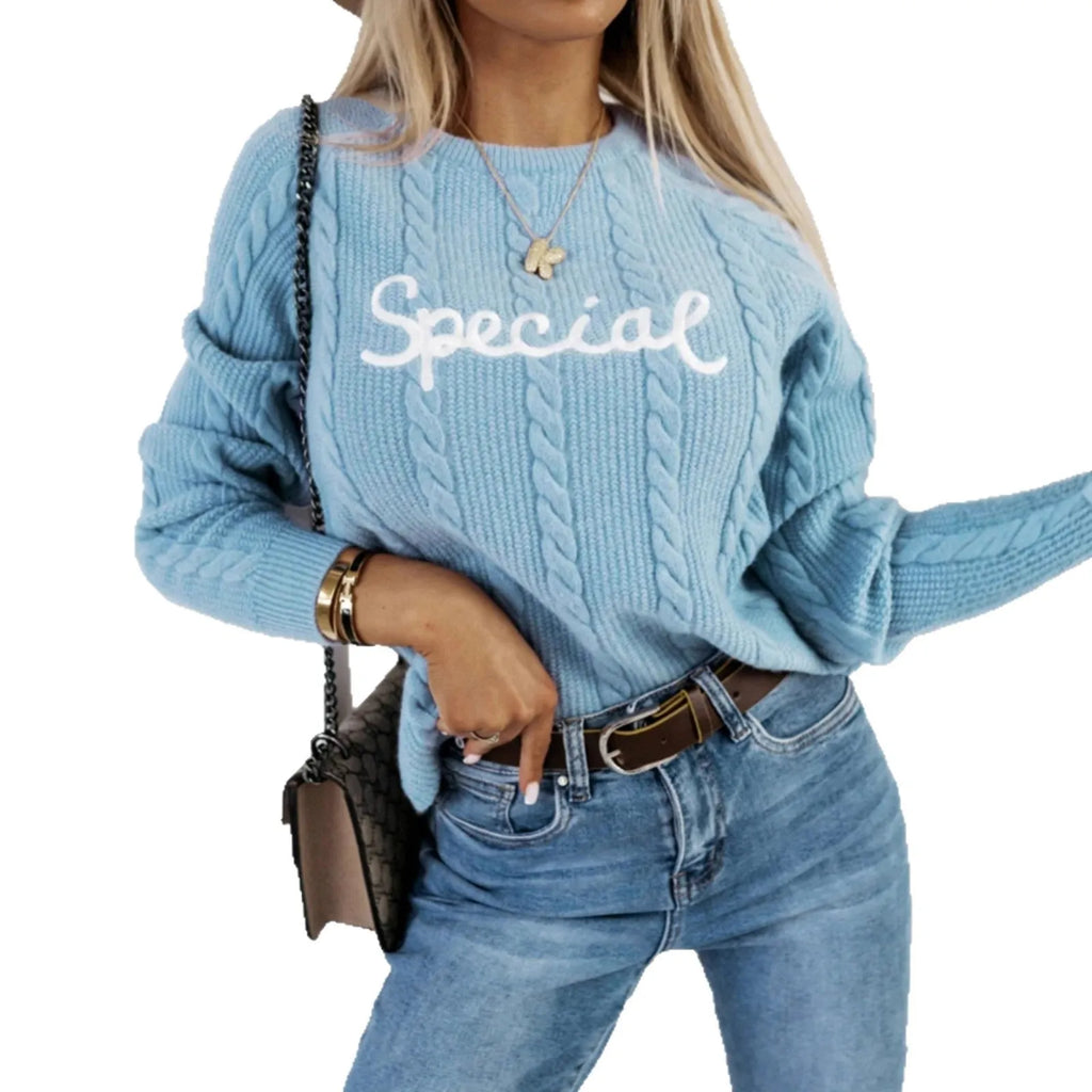 Blue men's leisure pullover sweater with embroidered letters text design on chest