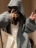 Women's dark grey retro-style hooded cardigan with a loose fit and thick fabric