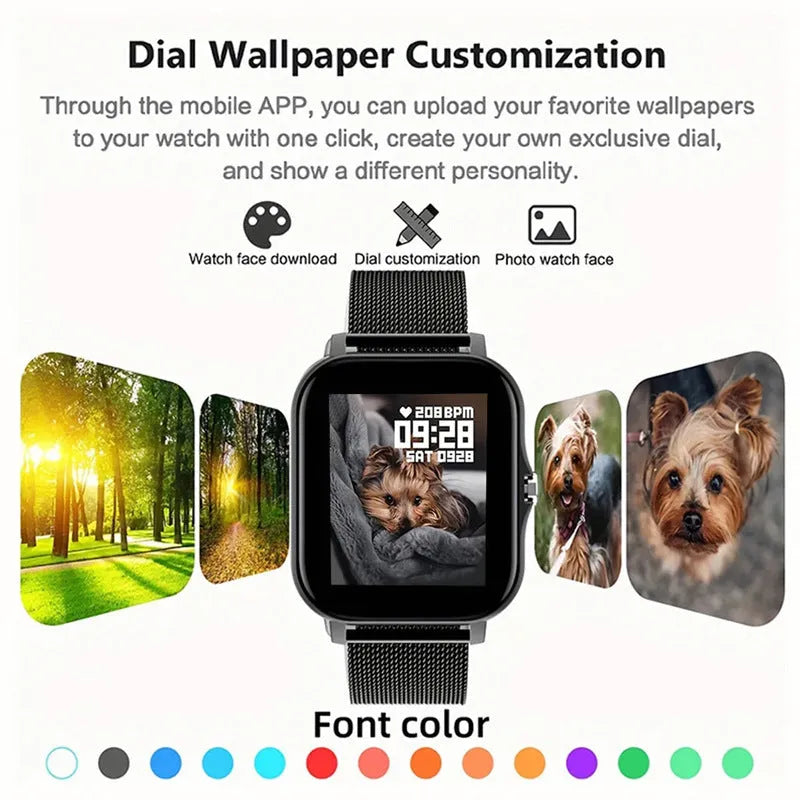 Smart watch with touch screen showing Bluetooth calling interface and health metrics
