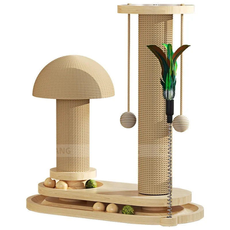 Solid wood cat scratching post with a turntable, shown in a basic style big flower variant.