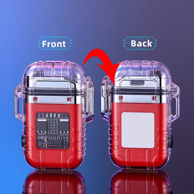 Transparent shell double arc lighter with USB rechargeable battery and triple-mode flashlight in black
