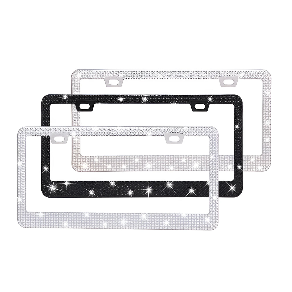 Stick-on crystals license plate frame with acrylic diamond finish on a stainless steel base, 310x160x0.8mm.