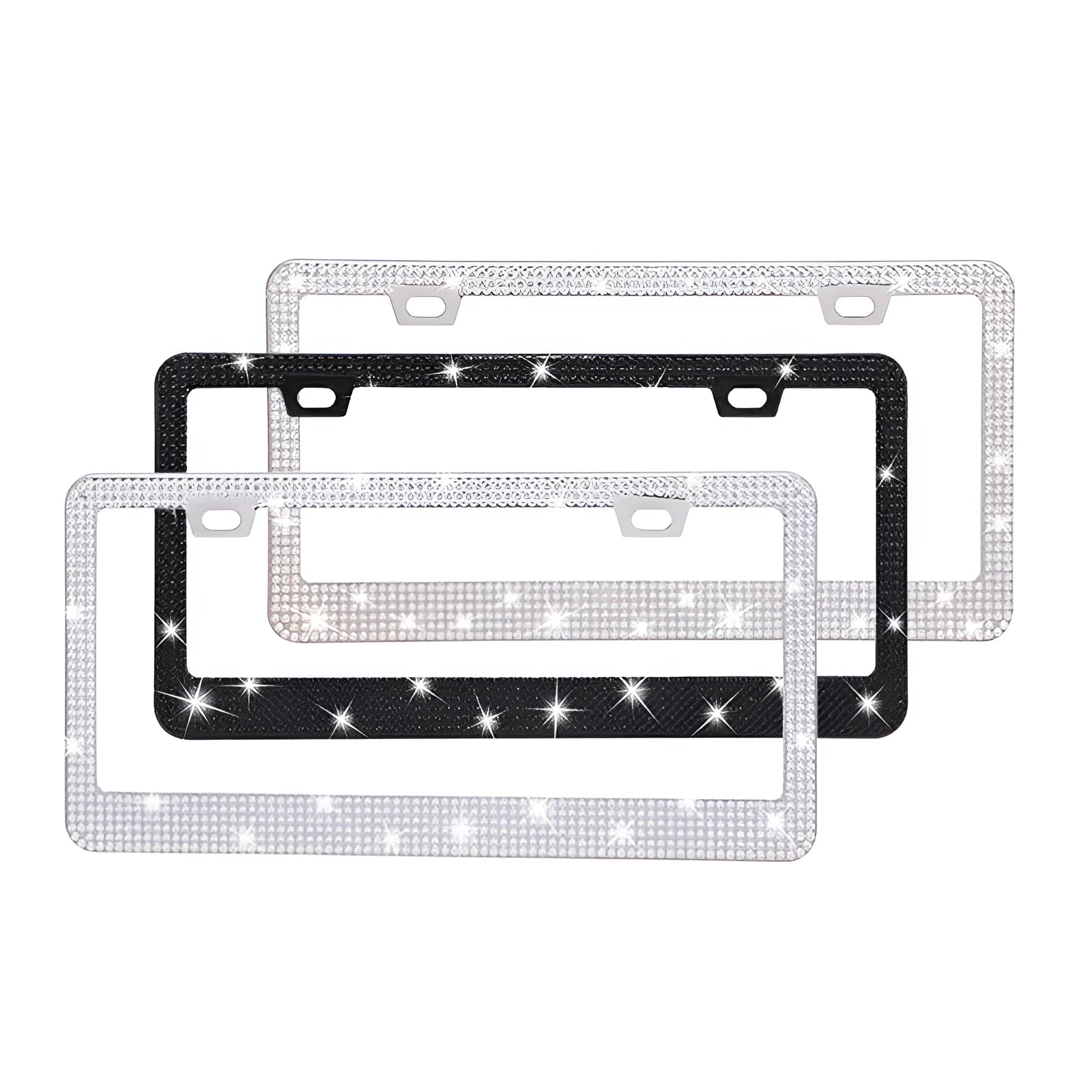 Stick-on crystals license plate frame with acrylic diamond finish on a stainless steel base, 310x160x0.8mm.