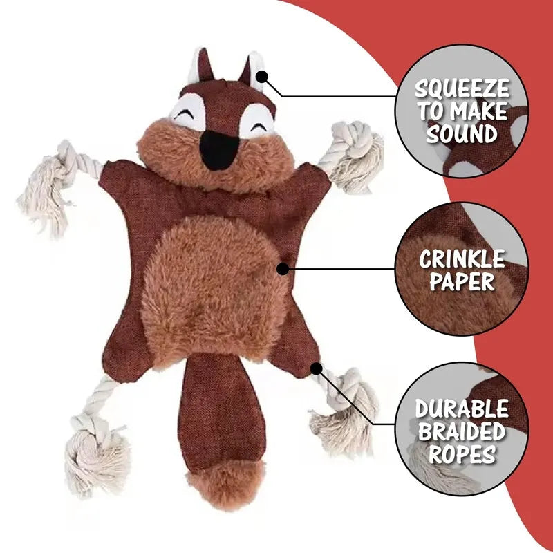 Set of six plush squeaky dog toys shaped like fox, squirrel, monkey, koala, rabbit, and tiger with rope