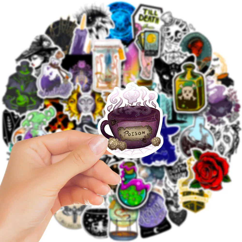 Pack of 50 colourful waterproof PVC stickers for laptops and skateboards, sizes 3-8cm.