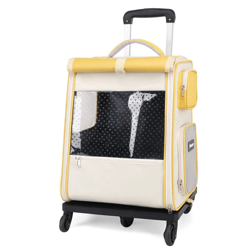 Multifunctional draw-bar pet bag in 1012 Blue with polka dot pattern, side view showing wheels and handle for rolling