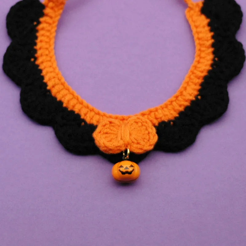 Hand crocheted wool pet collar in Bell Pumpkin colour on a cat, adjustable size for Halloween