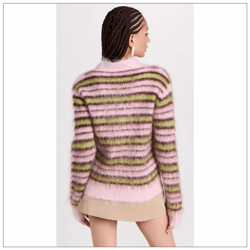 Pink wool knitted cardigan sweater with socialite styling and contrast colour details