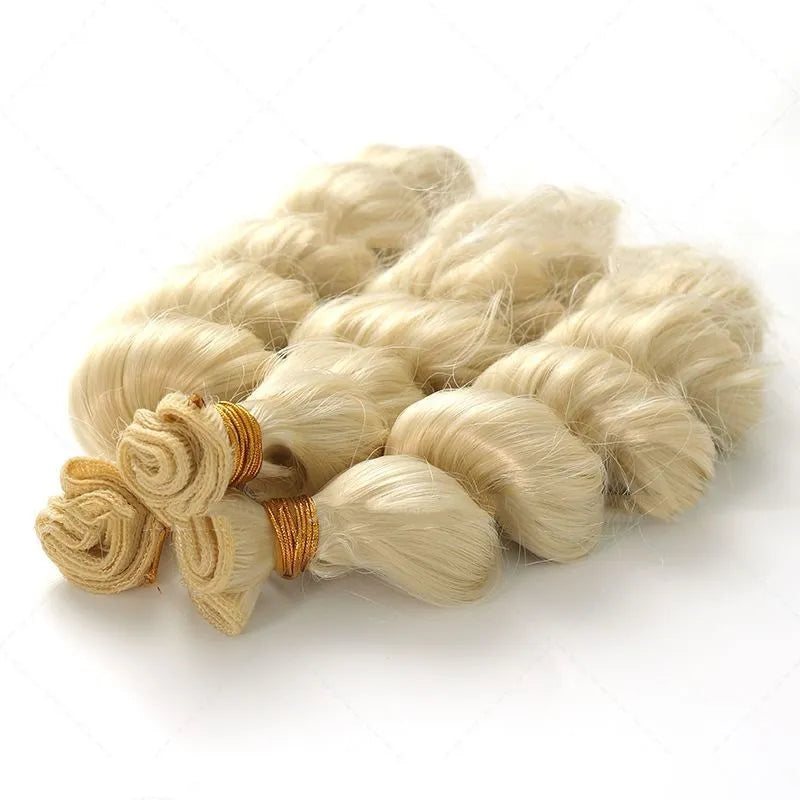 Golden blonde synthetic hair wig for women shown in long length.