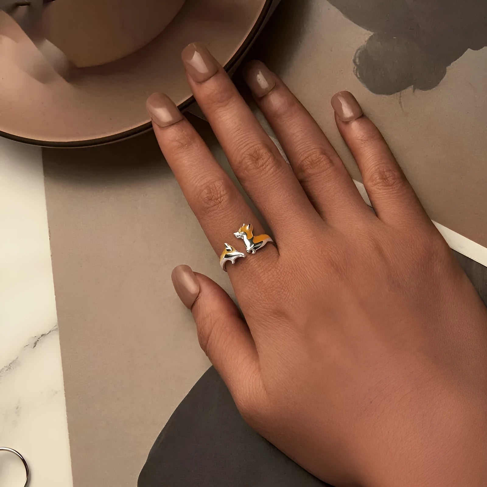 Silver cartoon corgi pet ring for women, electroplated in SCR1014-E colour.