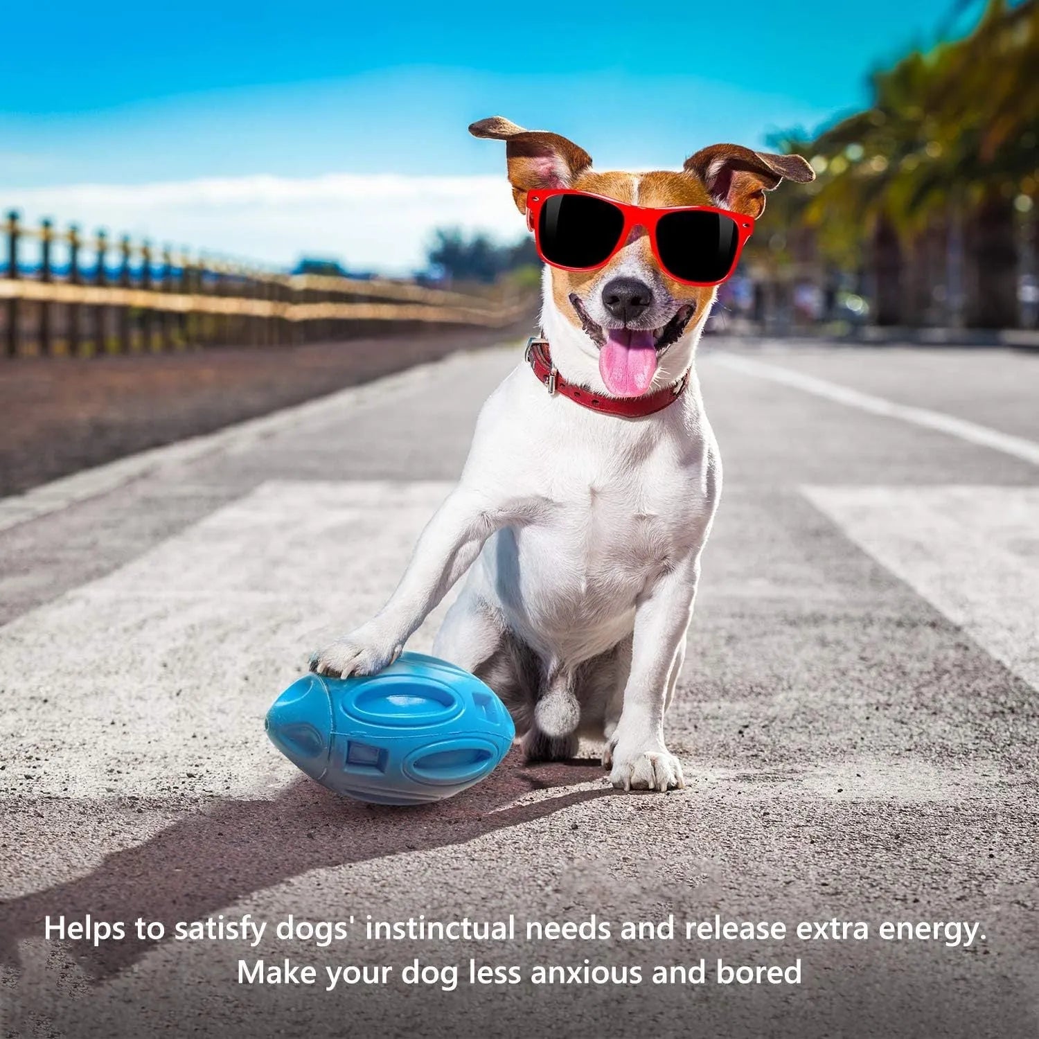 Blue, green, and orange rubber squeaky dog toy ball with grooved surface for aggressive chewers.
