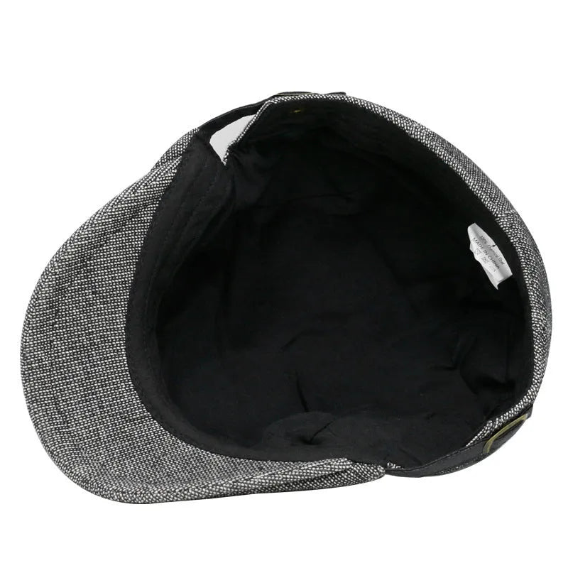 Men's cotton linen breathable beret pure colour dome crown cap in dark gray free size adjustable