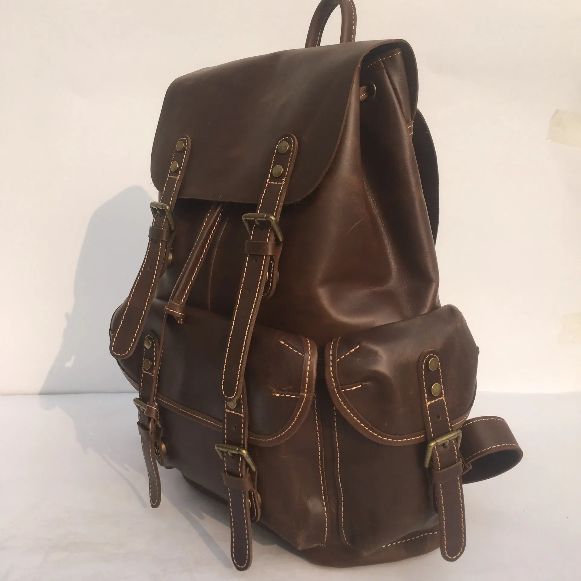 Men's coffee brown top layer cowhide leather backpack with air pillow belt shoulder straps