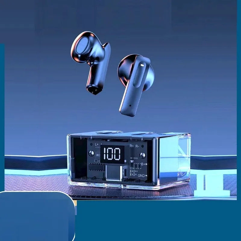 Transparent space capsule case containing black Bluetooth earphones with a digital battery display screen.