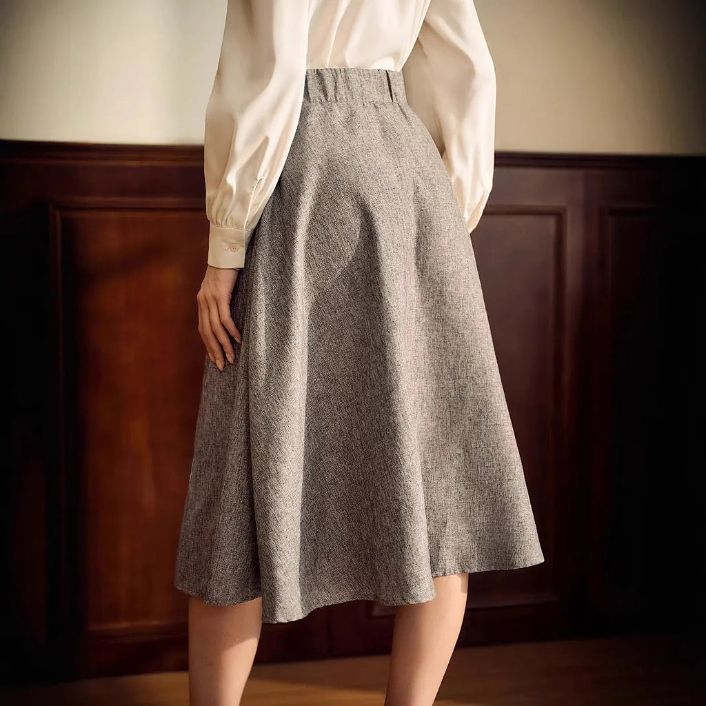 High-waisted slim A-line skirt for women in khaki with three-dimensional decoration, mid-length cut
