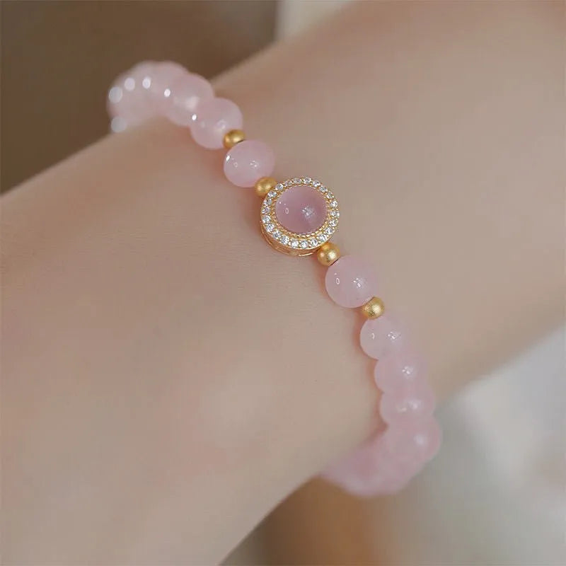 Women's aquamarine crystal bracelet with round natural pink crystal beads, light luxury style, handmade jewellery