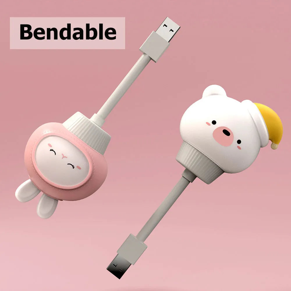 Cartoon animal USB night light with remote control showing bear, rabbit, duck and kitten designs