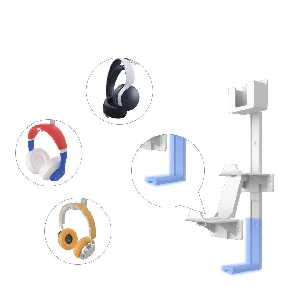 White ABS plastic wall-mounted hook holding a PS5 controller and gaming headset.
