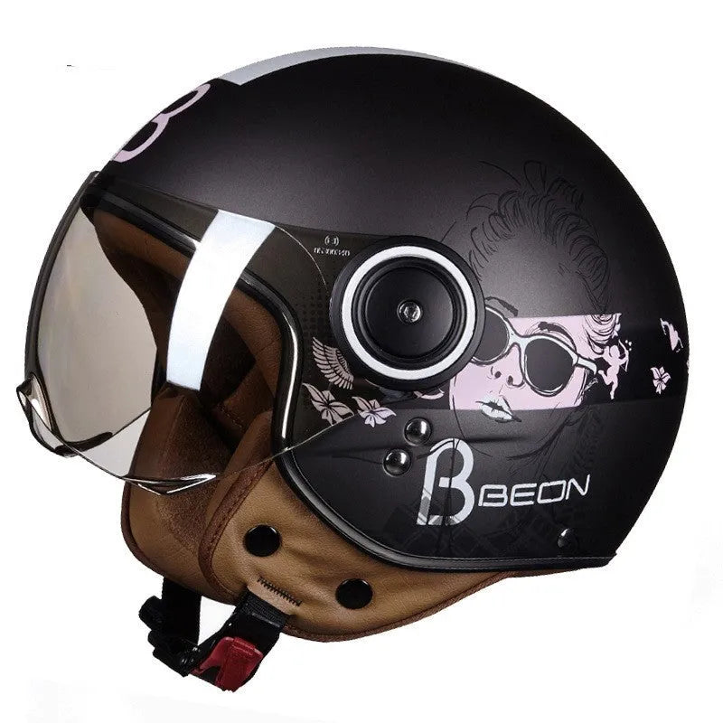Battery car half helmet in Bright White Red Blue colour, lightweight semi-covered ABS construction, size M to XL