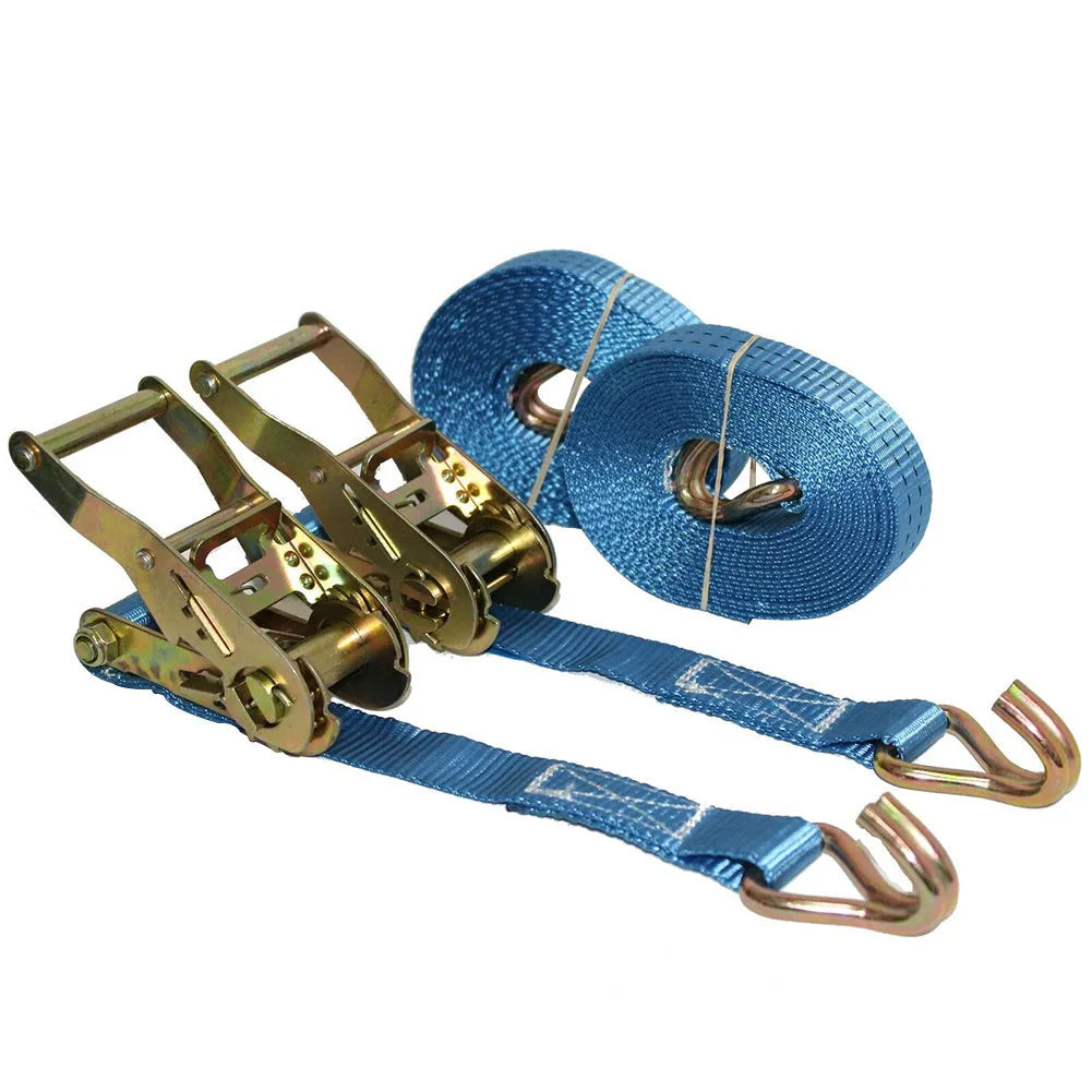 Heavy-duty ratchet tensioner fastening strap with steel buckle and double hooks on polyester webbing.