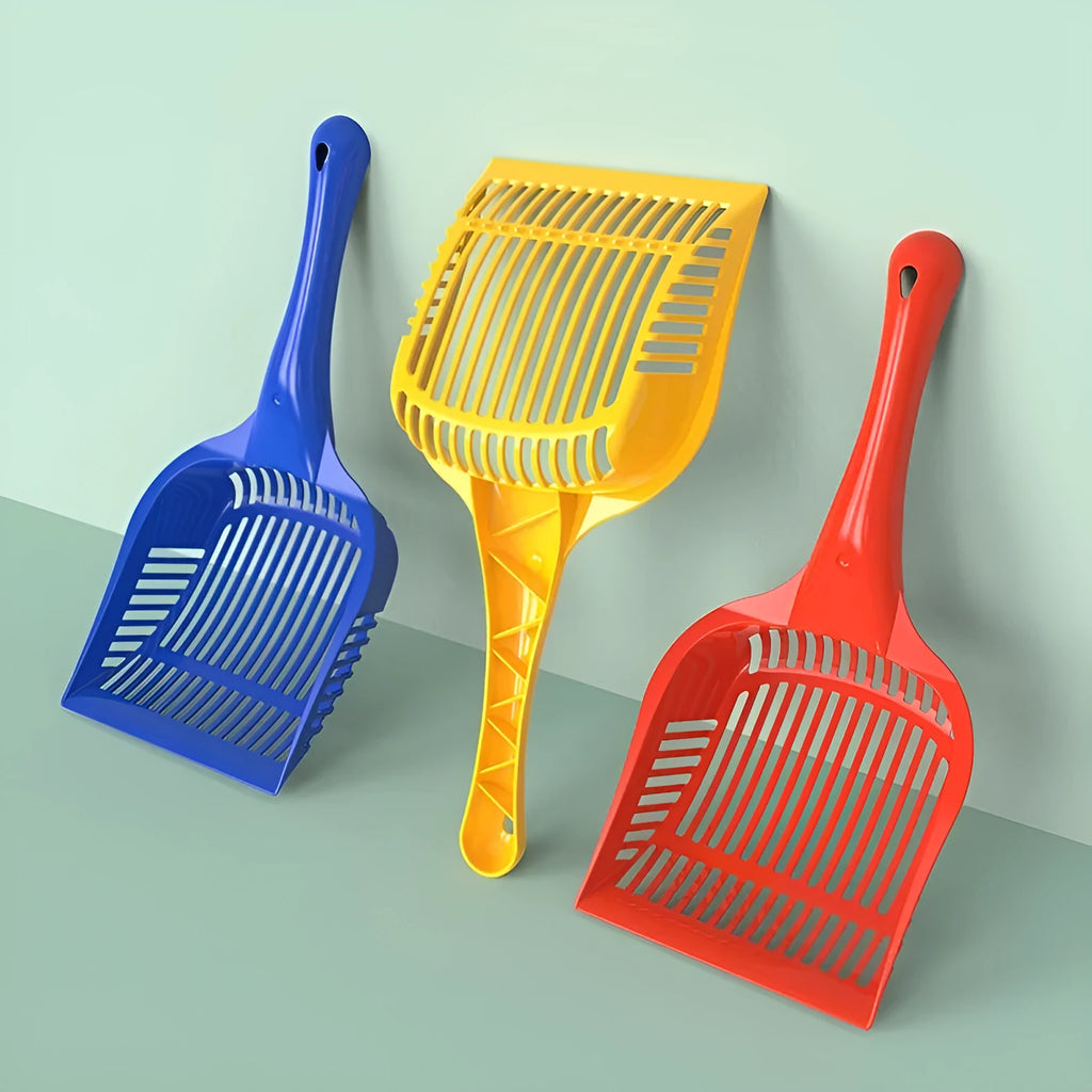 Red, yellow, and blue plastic cat litter scoops showing small and medium size options