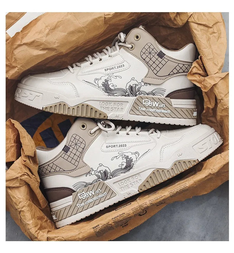 Men's beige high-top board shoes with lace-up front and flat rubber sole on a white background.
