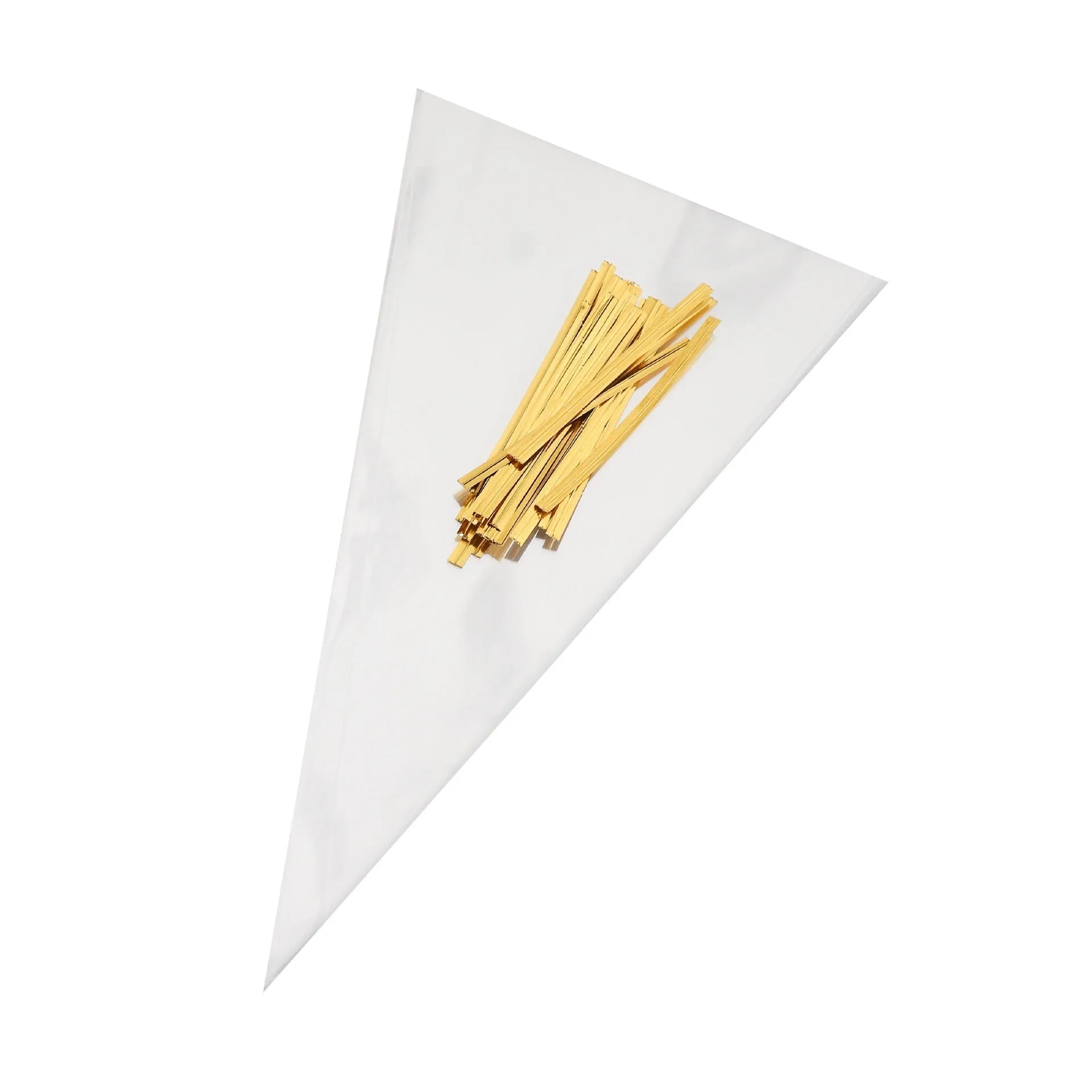 OPP triangle plastic packaging bag with integrated wire tie closure in clear material