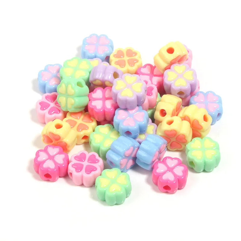 Acrylic four-leaf clover beads in mixed colours with frosted finish, 15mm diameter for jewellery making