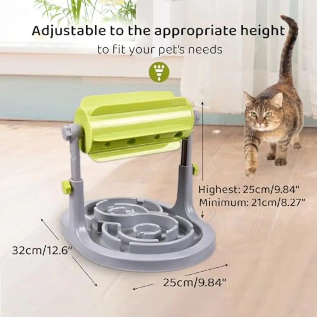 Blue interactive pet slow feeder puzzle toy with raised patterns and adjustable height mechanism