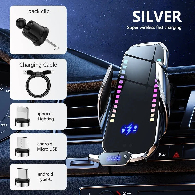 Silver car phone holder with wireless charging and auto clamp on dashboard