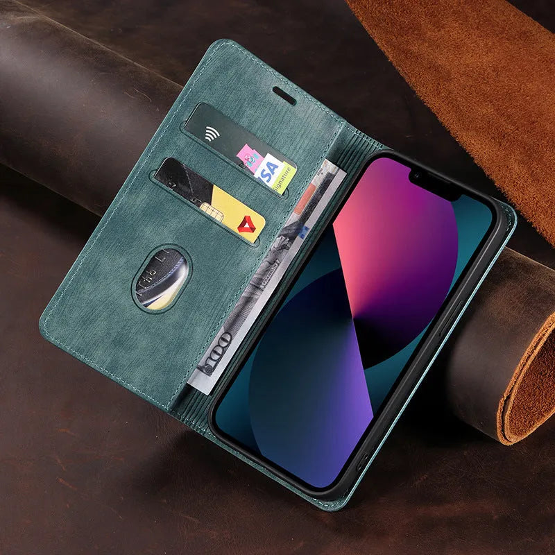 Magnetic flip phone case for iPhone in genuine leather and TPU, showing black, brown, and blue colour options.