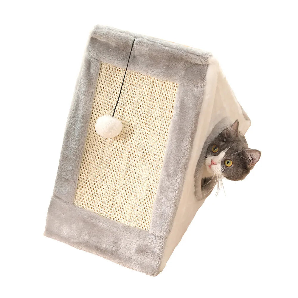 Triangular cat nest bed with sisal scratching posts in grey and white colour.