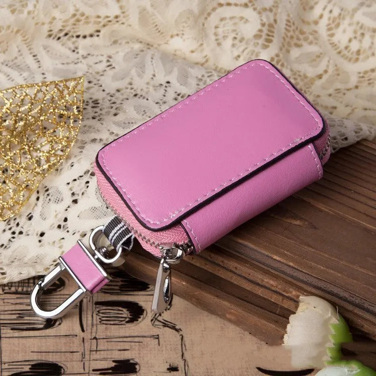 White genuine leather car key case with plain weave finish, 8.3x5x2cm square vertical shape