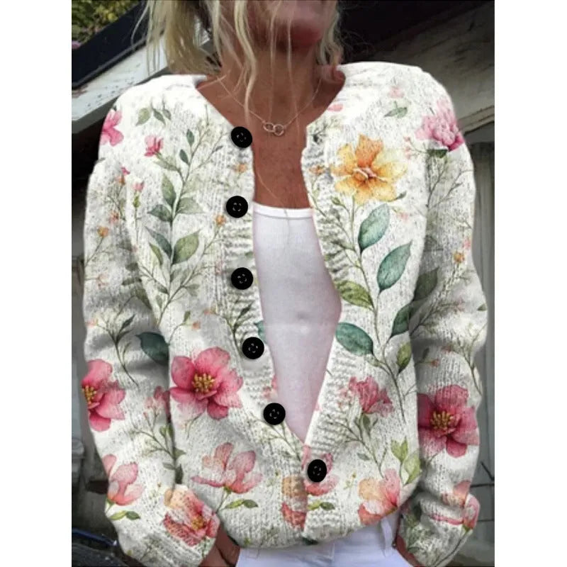 Digital printing cardigan knitted coat with 3D yellow pattern, regular sleeves, polyester fabric, side view