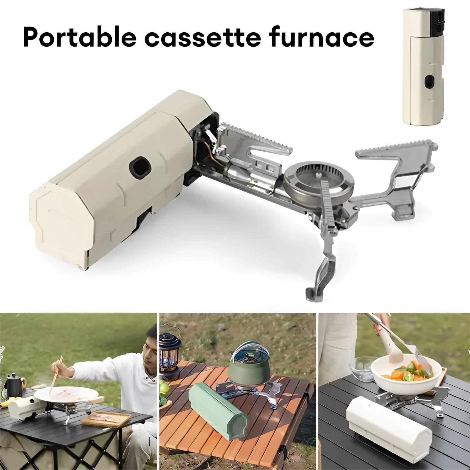Green folding camping gas stove with burner, serrated bracket, and anti-slip feet on a tabletop