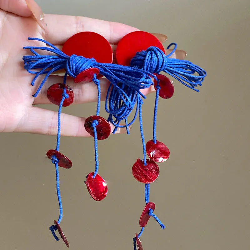 Geometric cloth earrings for women in 30 Silver Needle-blue resin flower colour, showing manual craftsmanship.