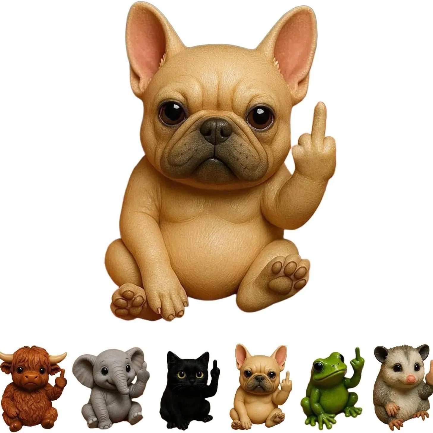 Mini resin animal doll making a vertical middle finger gesture, available in cat, dog, elephant, frog, mouse, turtle, and highland cattle designs.