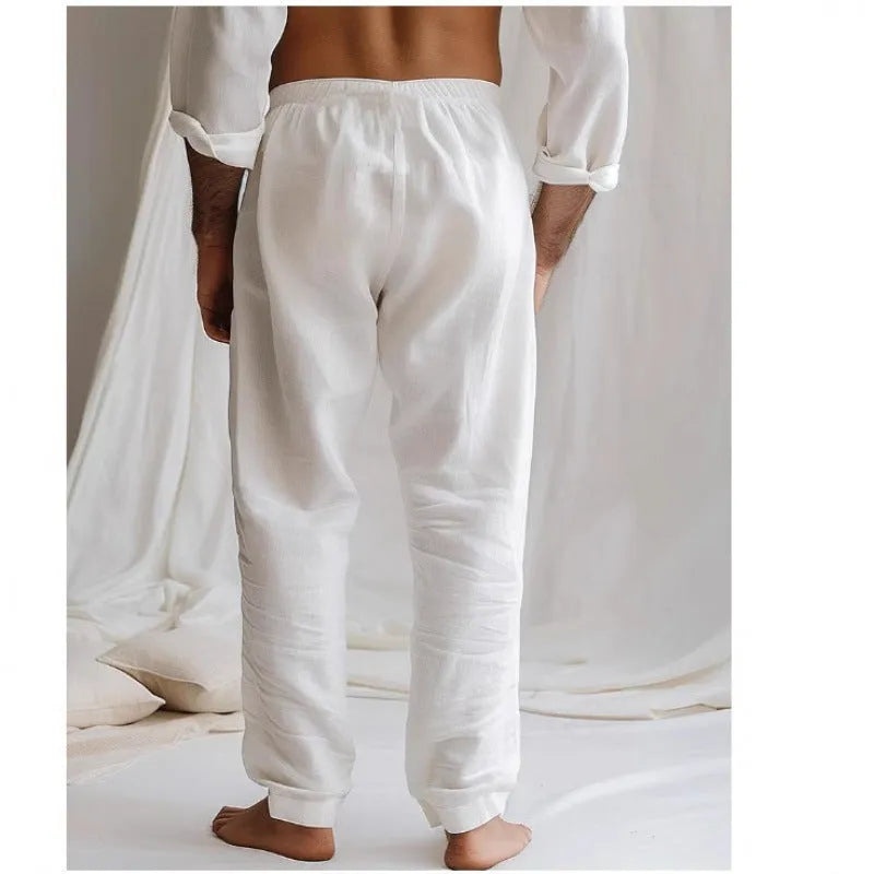 Men's summer trousers in cotton and linen, elastic waist with drawstring, available in white, gray, khaki, light blue