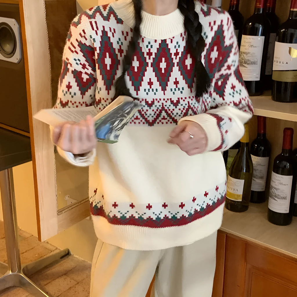 Loose striped pullover knitted top in red or white polyester fabric