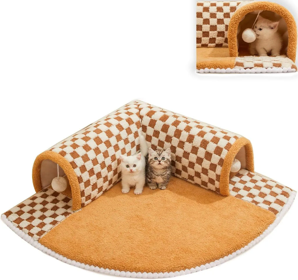 XL brown plaid plush cat tunnel bed with central mat and non-slip bottom on a wooden floor.
