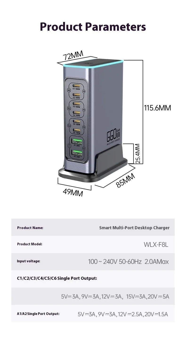 660W GaN desktop fast charger with multiple USB-C ports for phones and tablets