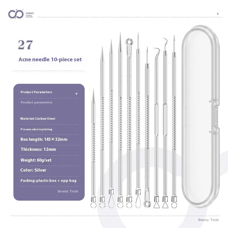 Four silver metal acne needles with ultra-fine points for blackhead removal.