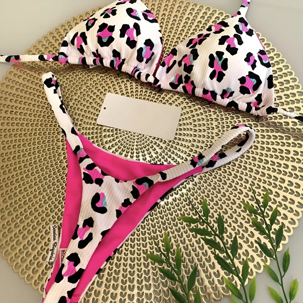 Women's printed bikini swimsuit in quick-drying nylon fabric with cotton-lined briefs