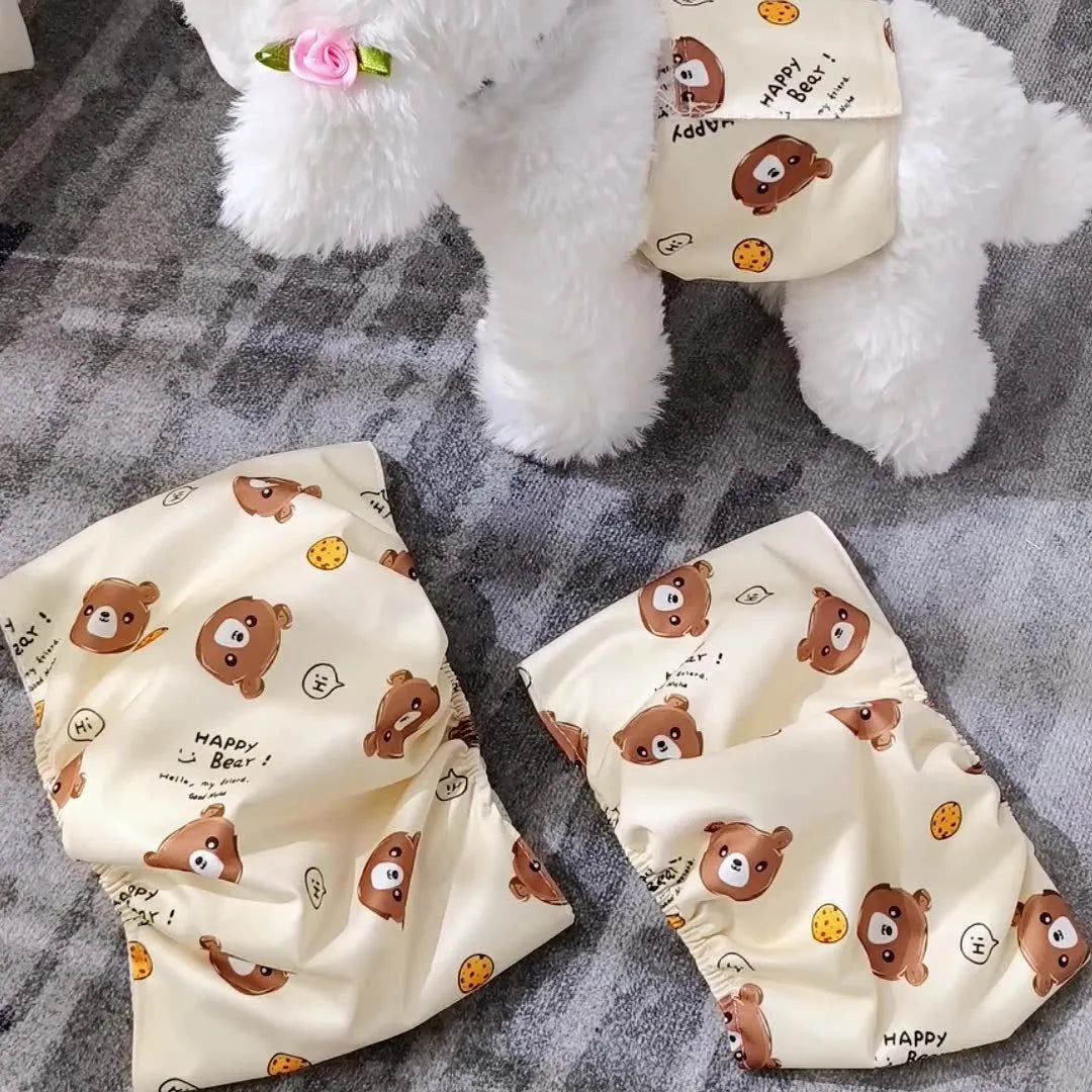 Pet sanitary pant reusable dog nappy with fastener tape and elastic waistband in blue bear pattern